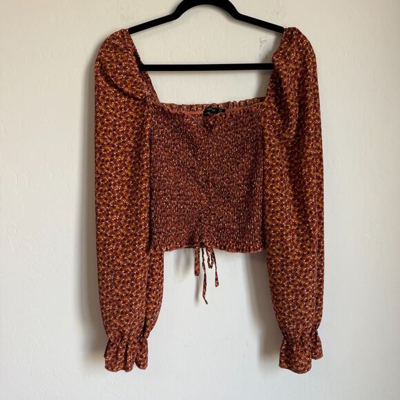 Hesperus Tops - Moody Fall Sz Med Boho Floral Smocked Peasant Balloon Sleeve Crop Top Festival